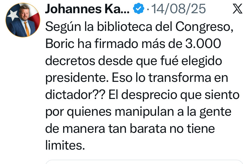 <a href="/jorbritoh/">Jorge Brito Diputado</a> La oposición que no tiene propuestas diferentes a lo que ha provocado desempleo y estancamiento, ahora sigue sin proponer nada nuevo y obstaculizando.

Boric firmó más de 3.000 decretos hasta agosto 2025