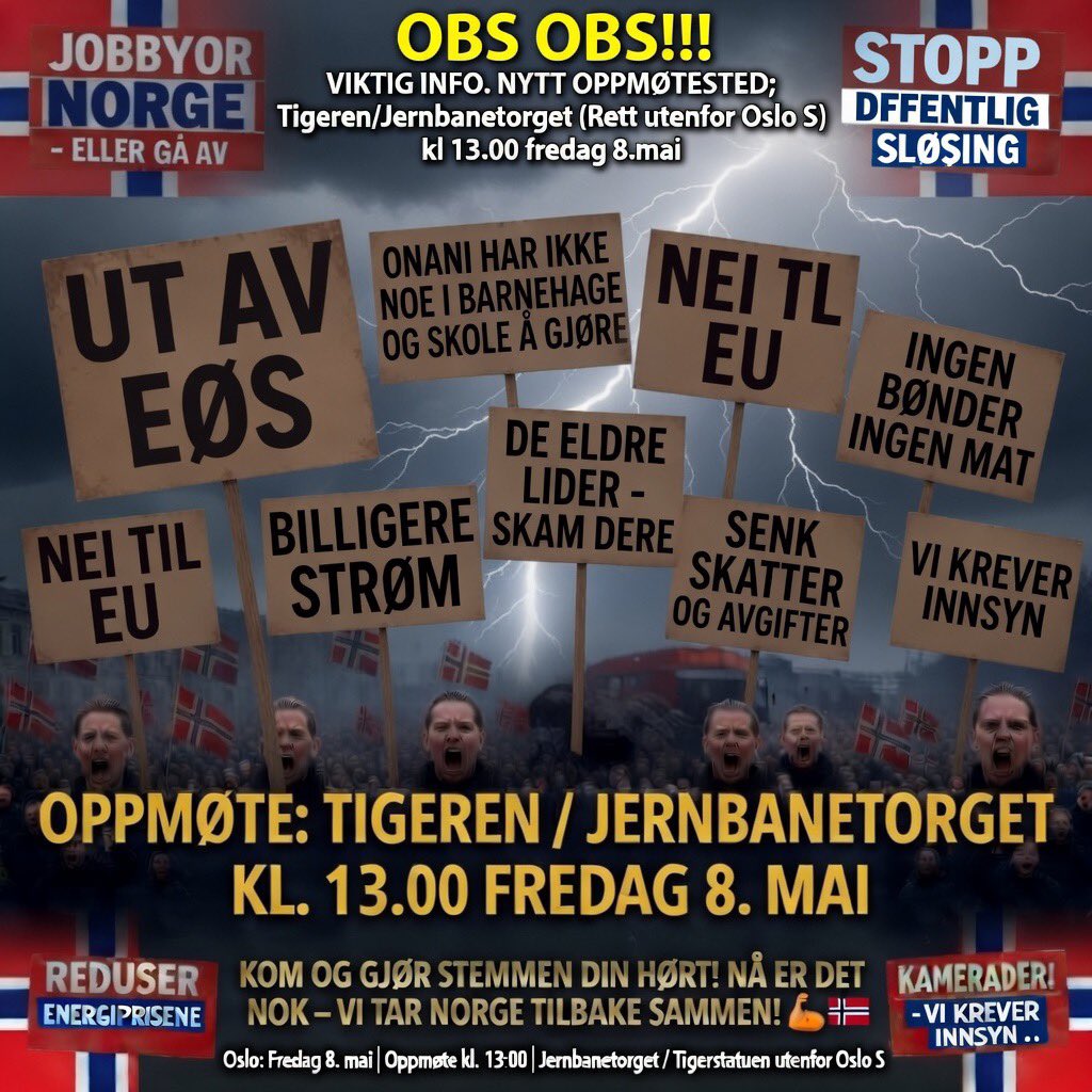 IdaChristinG's tweet photo. »SAMHOLD ER STYRKE, STYRKE ER SEIER» HÅPER VI SEES I MORGEN 🇳🇴💯💪🏻 #UtAvEØS #NeiTilEU #BilligereStrøm #JobbForNorge #SenkSkatter #8MaiDemonstrasjon #TigerenKl13 #NorgeForNordmenn #FolketReiserSeg #stoppoffentligsløsing https://t.co/HPD2HlDtX0