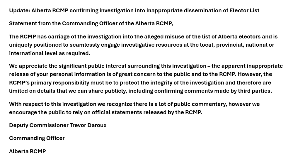 And the RCMP issue statement confirming that they are investigating the electors list breach.

They add don't expect much in the way of updates as they are focused on integrity of the investigation.