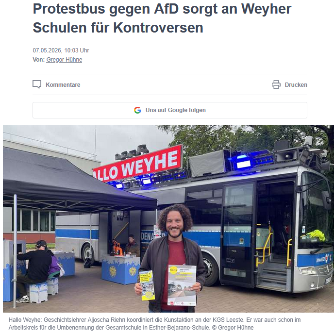 Sektenbeauftr's tweet photo. Die Neutralitätspflicht der Schulen in nicht mehr existent: Im niedersächsischen #Weyhe hat eine Schule die Linksextremisten vom „Zentrum für politische Schönheit“ mit ihrem Propagandabus eingeladen und auf die Schüler losgelassen.
https://t.co/xF2gNPTTXP https://t.co/rluKAETiFJ