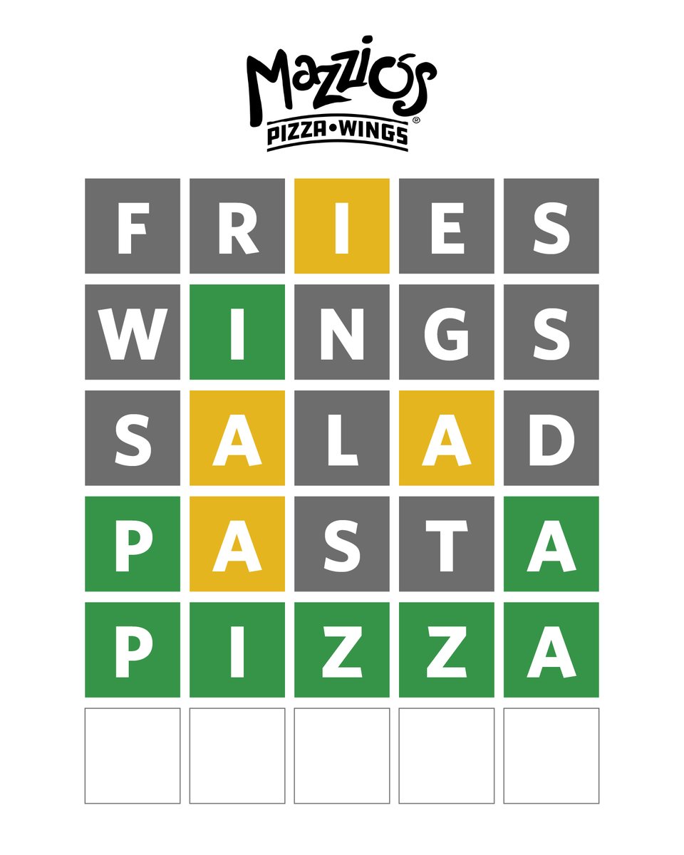 Mazzios's tweet photo. Is your word game trying to send a message about your dinner plans? 🤔 Good thing Mazzio's has all this and more! https://t.co/YwwlcrLmN7