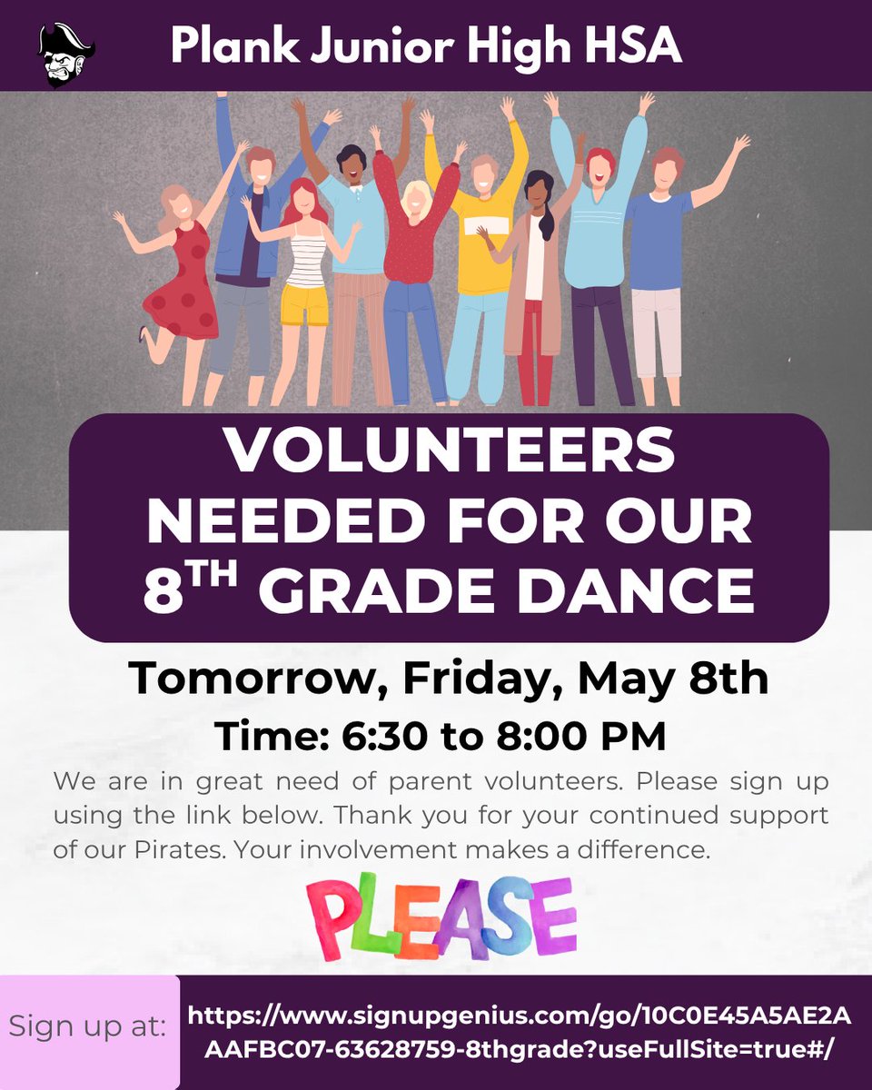plank308's tweet photo. Volunteers needed for the 8th Grade Dance tomorrow, May 8, at 6:30pm. Sign up here to help support our Pirates: https://t.co/AV6ZLOXwtW https://t.co/1L3TaZVSnA