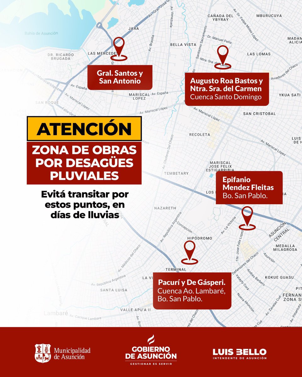 ⛈️ ¡Atención! 🚘
Compartimos los puntos críticos y las zonas con obras de desagüe pluvial, señalados en la imagen, para evitarlos. 👇🏻
