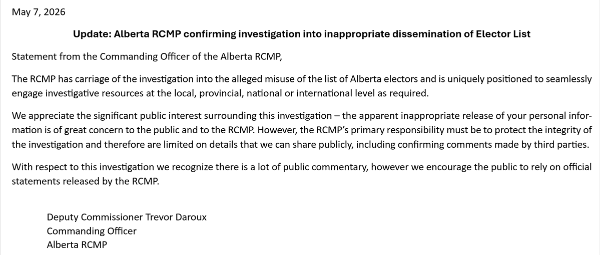 RCMP update on the Alberta electoral list investigation...

We already knew they were on the case, but this appears to be an explanation for why they aren't doing press conferences. #ableg #cdnpoli