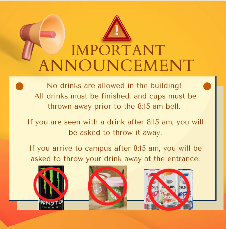 EMS_Raiders's tweet photo. Attention, Raiders! Please help keep our campus clean! Drinks will no longer be allowed upstairs. They must be finished before 8:15 am or be thrown away. Energy drinks are also NOT allowed at school. Covered/lid water bottles will remain acceptable. #MakingGainsPrioritizingALL https://t.co/Y6aCYHadrq
