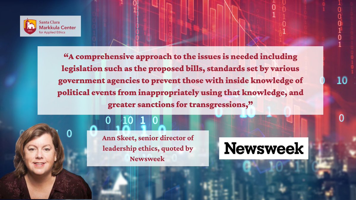 scuethics's tweet photo. Ann Skeet spoke to Newsweek about the growing need for legislation protecting against insider knowledge in the prediction market space. Read more at https://t.co/XTuIOVCC6M https://t.co/tuwuzeC1Ir