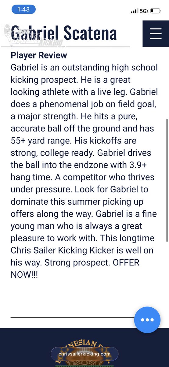 GabrielScatena2's tweet photo. After a great @Chris_Sailer camp, I was ranked a 5⭐️ kicker and ranked #20🇺🇸. I also got invited to attend the Top 12 camp. Thank you to all the Coaches and teammates that have gotten me to this point. 
@CSKRECRUITING @UprightKicking @NextLevelKick1 @CoachSmith100 @WWHS_Football https://t.co/DKx19YpWcO