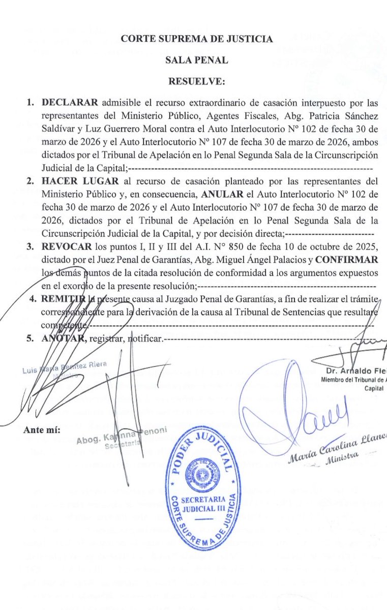 PyJusticiaPub's tweet photo. Sala Penal de la Corte resuelve convocatoria a juicio oral a Hernán Rivas. https://t.co/ZTzGZUl9B7