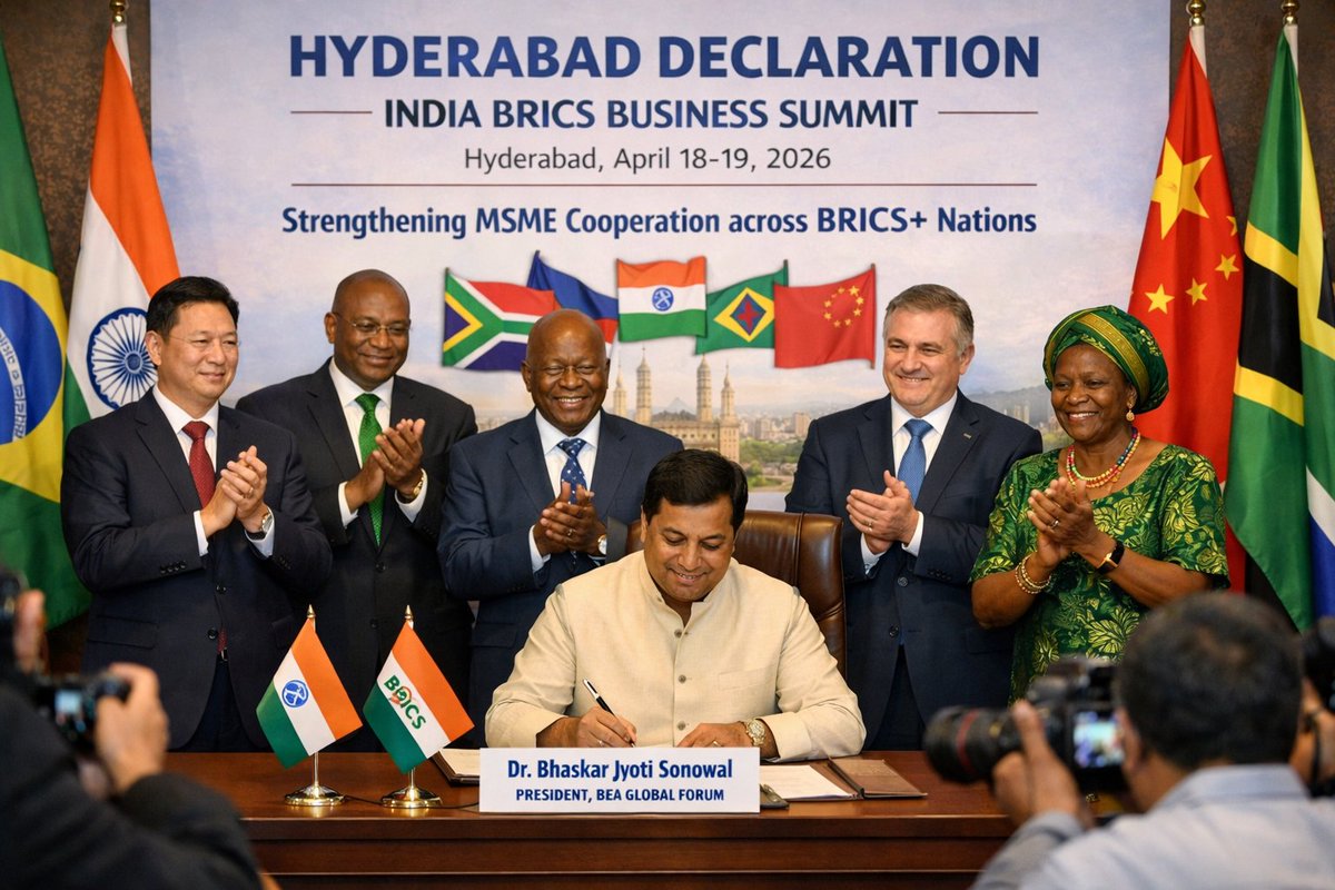 🇮🇳✍️ The Hyderabad Declaration was signed at the India #BRICS Business Summit (Hyderabad, April 18–19, 2026) to boost MSMEs across BRICS+ nations.

Next stop: BEA Global Summit in India, Nov 2026.

#HyderabadDeclaration #BRICS2026 #MSMEs #bricslink