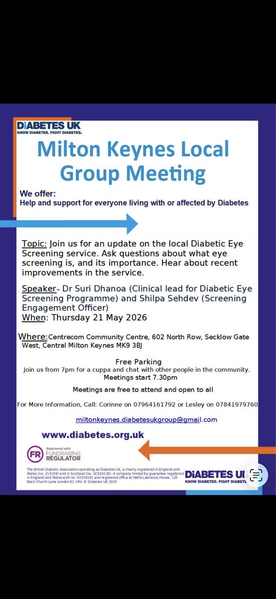 DiabetesUKMK's tweet photo. Why not join us at our next monthly meeting to join the discussion about eye screening for people with diabetes? https://t.co/QZiIRmhY1Z