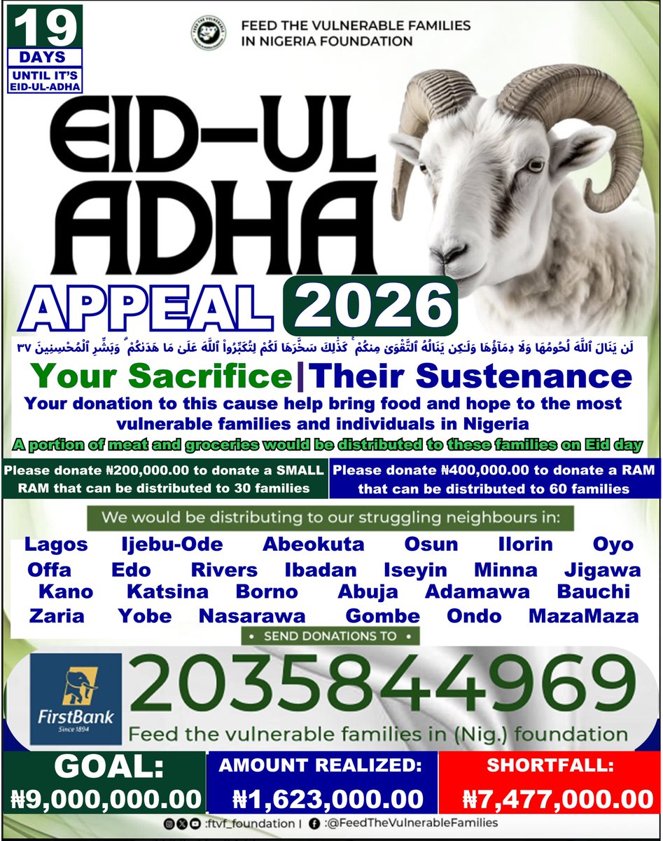ftvf_foundation's tweet photo. Assalamu Alaikum Warahmatullahi Wabarakatuh ♥️

The Prophet Muhammad ﷺ said, “Give charity as long as you are healthy, for a time will come when you might wish to give, but you can no longer do so.”  (Bukhari 492)

𝐏𝐥𝐞𝐚𝐬𝐞 𝐝𝐨𝐧𝐚𝐭𝐞 𝐭𝐨 𝐭𝐡𝐢𝐬 𝐧𝐨𝐛𝐥𝐞 𝐜𝐚𝐮𝐬𝐞 𝐢𝐟 𝐀𝐥𝐥𝐚𝐡 [𝐬𝐰𝐭] 𝐡𝐚𝐬 𝐛𝐥𝐞𝐬𝐬𝐞𝐝 𝐲𝐨𝐮. [𝐊𝐢𝐧𝐝𝐥𝐲 𝐡𝐞𝐥𝐩 𝐜𝐥𝐢𝐜𝐤 𝐭𝐡𝐞 𝐫𝐞𝐩𝐨𝐬𝐭 𝐛𝐮𝐭𝐭𝐨𝐧]

2035844969
First Bank Plc
Feed the Vulnerable
Families in [Nig.] Foundation

DONATE: https://t.co/dMkVcWUHzI

😔 This Eid al-Adha, orphans, displaced families, widows, inpatients, incarcerated muslims, struggling individuals and families need all of us 

🍽️ Kindly share your Qurbani with those who’ve lost everything.

💚 Your ₦1,000, ₦5,000, ₦10,000, ₦100,000 or more to this noble cause could rewrite a little child, a family, or a weak senior's story. 

Kindly donate generously if this pops up on your timeline, or if you are tagged, please help click the repost button.

@Husnarhjegarh @theayoadams @zahynnab @IdrisAOni1 @abdullahidriiss @Dnoblest
@realsultanoa  @Thehabeebullah @Habee_xo @Taqiyya_tullaah @Oluwamuminiyi
@Jomilojju @Bhintdawood @khadee_jum
@MusaJamiu20 @bigmanfarouk @Engr_AbuNabil
@Abdyekeen_Bash @HafeezAkanni_ @Deezaak
@nanaa_aeeshah @iam_saidat @SadiqAkanmu @sadiqGsadiq @aminu1oladimeji  @RuqayyahAnuolu1
@Tobielobba @__Folarin__ @wura_fortune @Folami_Flakes @Unclefash @Uncle_Faruk @horlayinkatee @_babygirlzee @iam_kabbah @KinqKudos @iam__temmyyy @_jeddaah @Realbabeena @_Raheemah__ @___Khadijah___ @MrAbuSidiq @_Olamiji_ @Remmzor__
@Miss_Halimatu @miss_herwy  @ganiuofficial
@yourhijabivett @goldkelm @toye_mustapha