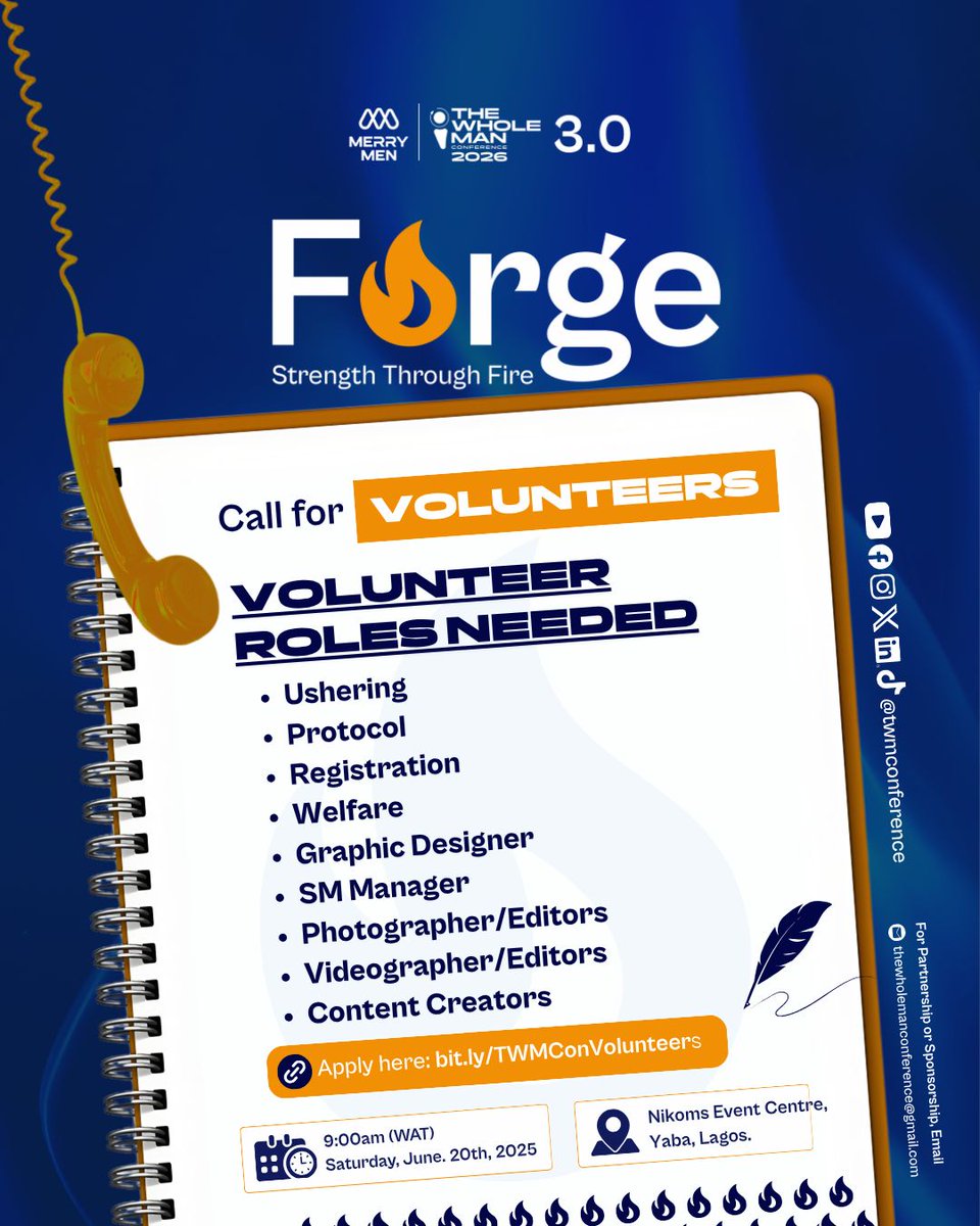 TWMConference's tweet photo. The Whole Man Conference 2026 is calling for volunteers.
This is more than helping at an event.
It is an opportunity to serve, build, collaborate, and become part of a movement f
Apply here:
https://t.co/Yhm0xlJo4X
#TWMCon2026 #FORGE #MenConference #VolunteerOpportunity https://t.co/aeTtxTxDAk