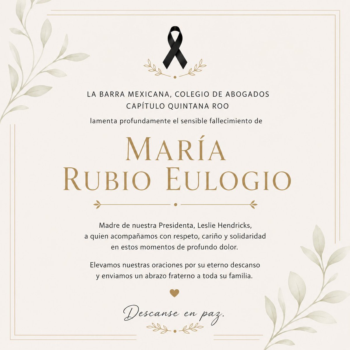 bmacapituloqroo's tweet photo. La Barra Mexicana, Colegio de Abogados, Capítulo Quintana Roo, expresa sus condolencias a nuestra Presidenta, Leslie Hendricks, y a su familia, por el fallecimiento de la Sra. María Rubio Eulogio.
Nos unimos a su pena y enviamos nuestras oraciones por su eterno descanso.
DEP https://t.co/Jylaj71wrx
