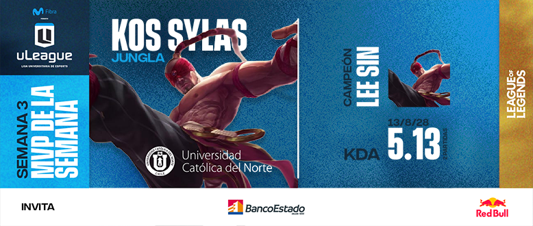 GameClubcl's tweet photo. 🏆 Ya están aquí los MVP de la Semana 3 de Movistar Fibra uLeague edición LoL 🎮

En esta fecha, el jugador destacado fue KOS Sylas, representando a la Universidad Católica del Norte con tremendas jugadas en la Grieta https://t.co/9DJ853W6NP
