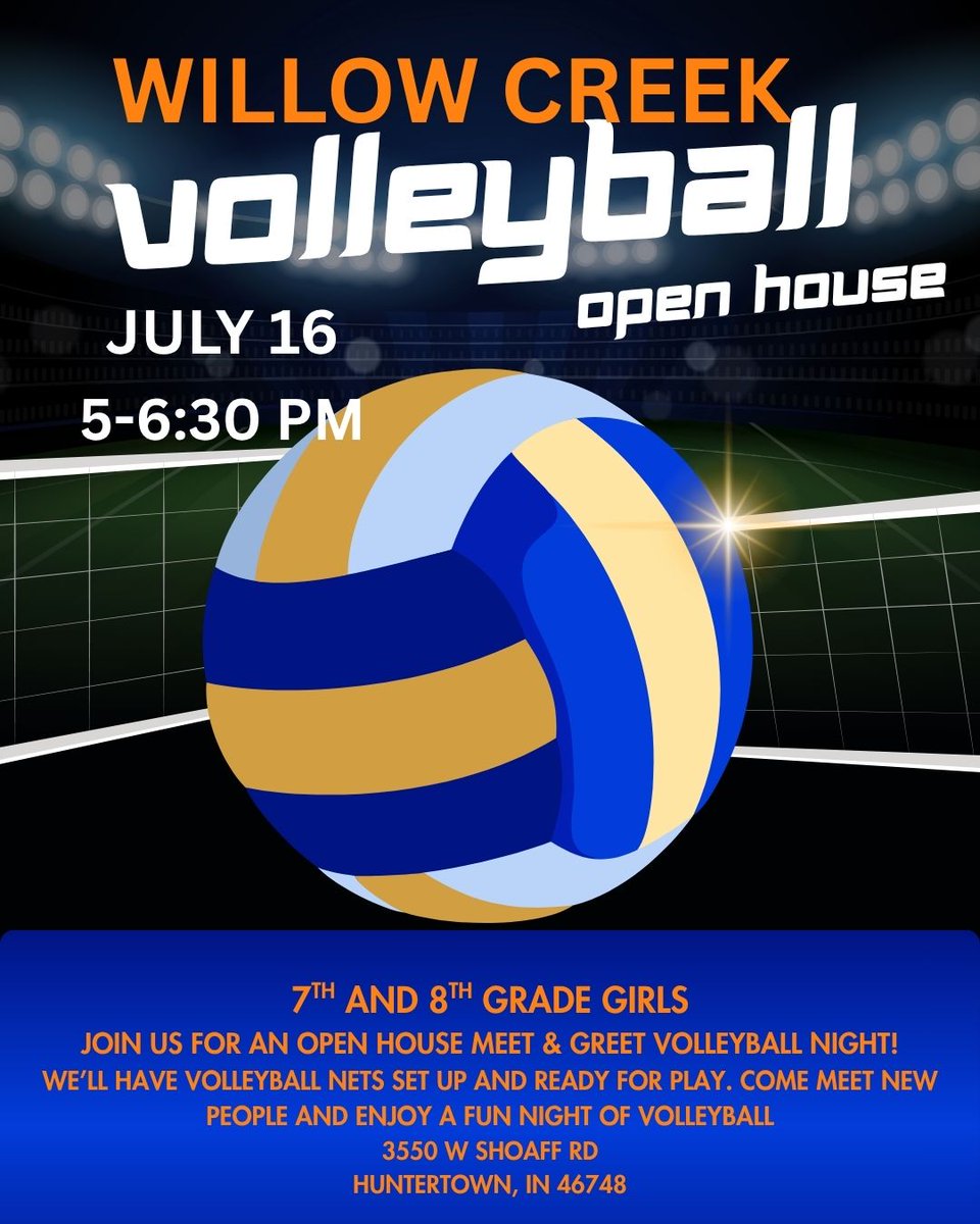 WCMSThunderhawk's tweet photo. Calling all future Thunderhawk volleyball players!

Join us for the Willow Creek 7th &amp; 8th Grade Girls Volleyball Open House Meet &amp; Greet on Thursday, July 16th from 5:00pm–6:30pm in the Willow Creek Gym.
#Thunderhawks https://t.co/5uv3n9aO4z