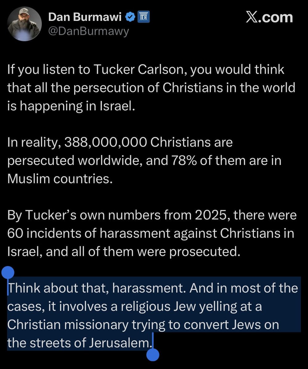 kbalian90's tweet photo. Hasbara-free translation: Christians in Jerusalem are 'Asking for it.'

Also, he's wrong and I'll prove it.

Complete list of anti-Christian attacks in Jerusalem since 2023 by the Religious Freedom Data Center, founded by Israeli activist and interfaith scholar Yisca Harani:⬇️ https://t.co/LcnOMcsMx8