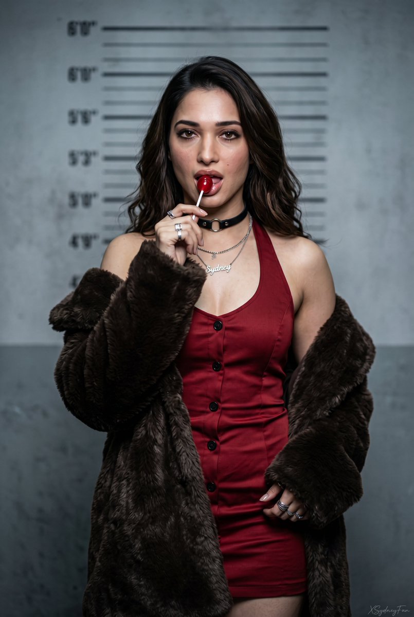 Cinematic Fashion Mugshot Portrait with Cherry Lollipop