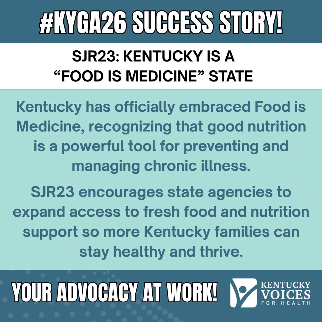 kyvoices4health's tweet photo. With SJR23, Kentucky is the first state in the nation to formally declare itself a "Food Is Medicine" state. It's an official, statewide commitment to treating food as a core part of healthcare. Kentuckians are healthier when connected to fresh food and nutrition support. #KYGA26 https://t.co/KiMtlelLVT