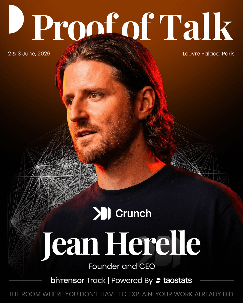 proofoftalk's tweet photo. 11,000+ quants and 1,200+ PhDs. One decentralized intelligence network running high-stakes AI on the world's toughest problems.

Jean Hérelle @herelle_jean, founder of @CrunchDAO, takes the Proof of Talk stage this June.

Jean studied international finance at Aix-Marseille Graduate School of Management and holds a Master's in software engineering. He worked as a quant strategist and risk manager developing quantitative investment strategies, and lectured on decentralized finance at Université Paris Dauphine.

In 2020, Jean founded Crunch, a decentralized open network extracting high-stakes signal from the world's brightest minds and machine intelligence.

On June 2-3 at the Louvre Palace, Jean will make the case that Bittensor mining is the next $60B opportunity, applying the mining pool playbook that turned Bitcoin miners like Marathon, Riot and CleanSpark into publicly traded giants. Crunch is building the first mining pool for Bittensor.

Use code TAO for 30% off tickets 👇