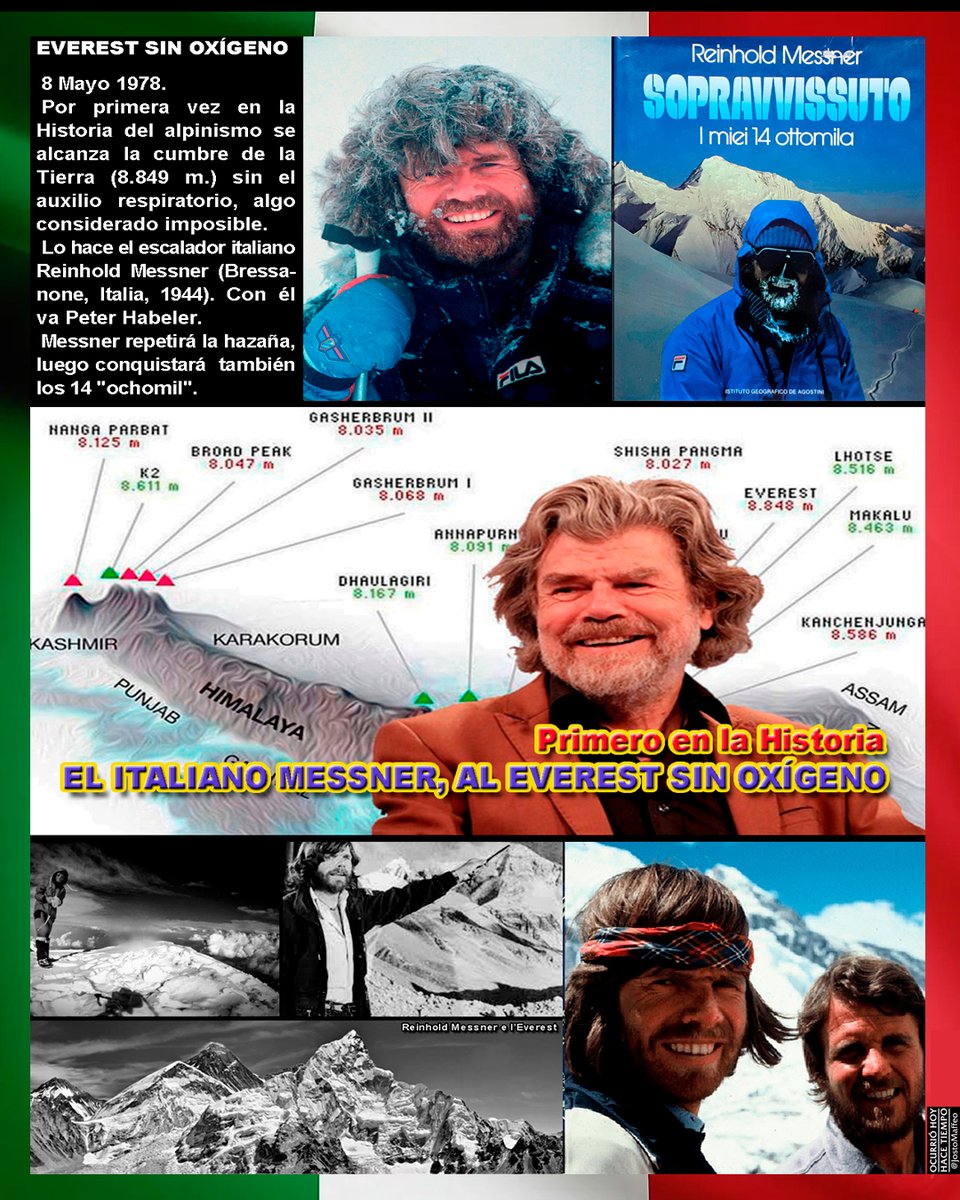 JostoMaffeo's tweet photo. 🏔️⛏️ #EVEREST SIN OXÍGENO 

8 Mayo 1978. Por primera vez se alcanza la cumbre de la Tierra (8.849 m) sin auxilio respiratorio, algo "imposible". 
 Lo hace Reinhold #Messner (#Bressanone, #Italia🇮🇹, 1944). Con él Peter #Habeler. 
Messner repetirá la hazaña, luego los 14 "ochomil". https://t.co/FVrHjEXltk