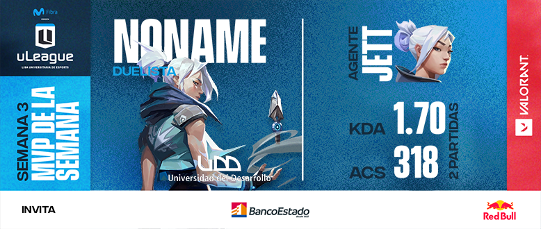 GameClubcl's tweet photo. 🎯 NONAME de la UDD se queda con el MVP de la Semana 3 en VALORANT 🔥

Con una Jett imparable, hizo estragos en Movistar Fibra uLeague y dejó claro por qué fue el jugador destacado de la fecha 💨💥 https://t.co/86o70u1HCk