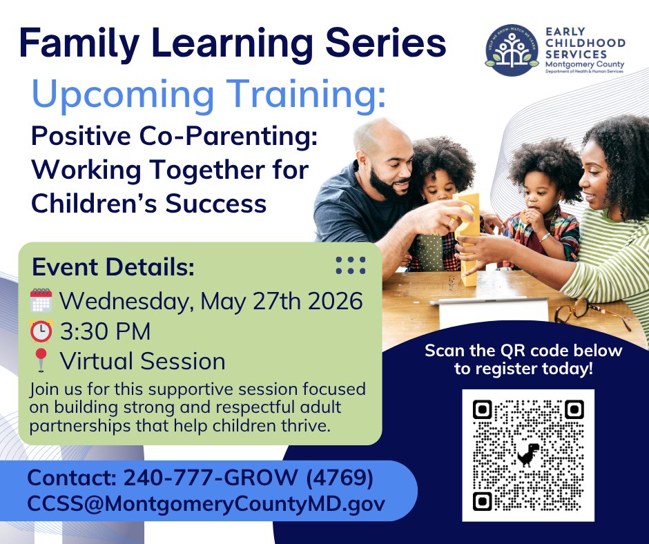 DHHSCCSS's tweet photo. 🤝✨ Family Learning Series: Positive Co-Parenting – Working Together for Children’s Success

🗓️ Date: Wednesday, May 27
⏰ Time: 3:30 PM – 4:30 PM
🔗 Register here:
https://t.co/mZpoEH3ytr

#FamilyLearningSeries #CoParenting #DHHSCCSS #FamilySupport #MontgomeryCountyMD https://t.co/gEmQL3YeDq