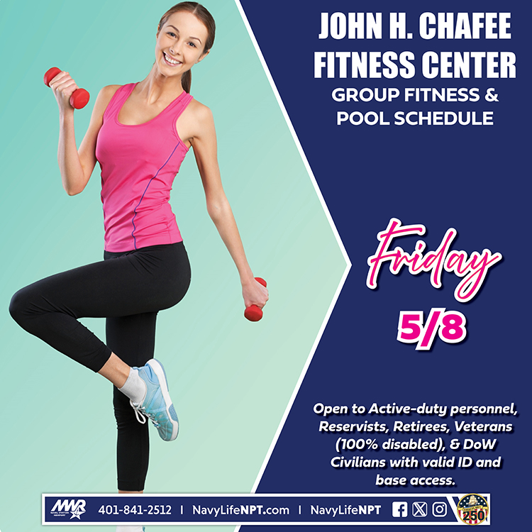 NavyLifeNPT's tweet photo. Friday's Group Fitness Schedule at the John H. Chafee Fitness Center:
 9 - 10 am   Body Sculpt
 5 - 6 pm   Yoga 

Pool hours: 9 am - 6 pm
Open Swim for families: 3 - 6 pm

#NAVSTANPTMWR #NavyLifeNPT #BodySculpt #YogaClass #FamilySwim #OpenSwim https://t.co/8cDcGntoCN