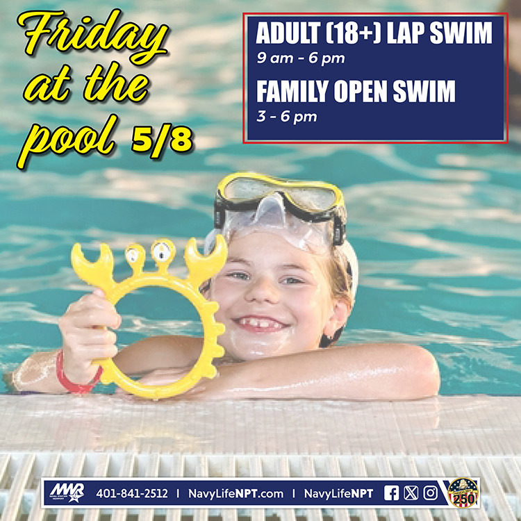 NavyLifeNPT's tweet photo. Friday's Group Fitness Schedule at the John H. Chafee Fitness Center:
 9 - 10 am   Body Sculpt
 5 - 6 pm   Yoga 

Pool hours: 9 am - 6 pm
Open Swim for families: 3 - 6 pm

#NAVSTANPTMWR #NavyLifeNPT #BodySculpt #YogaClass #FamilySwim #OpenSwim https://t.co/8cDcGntoCN