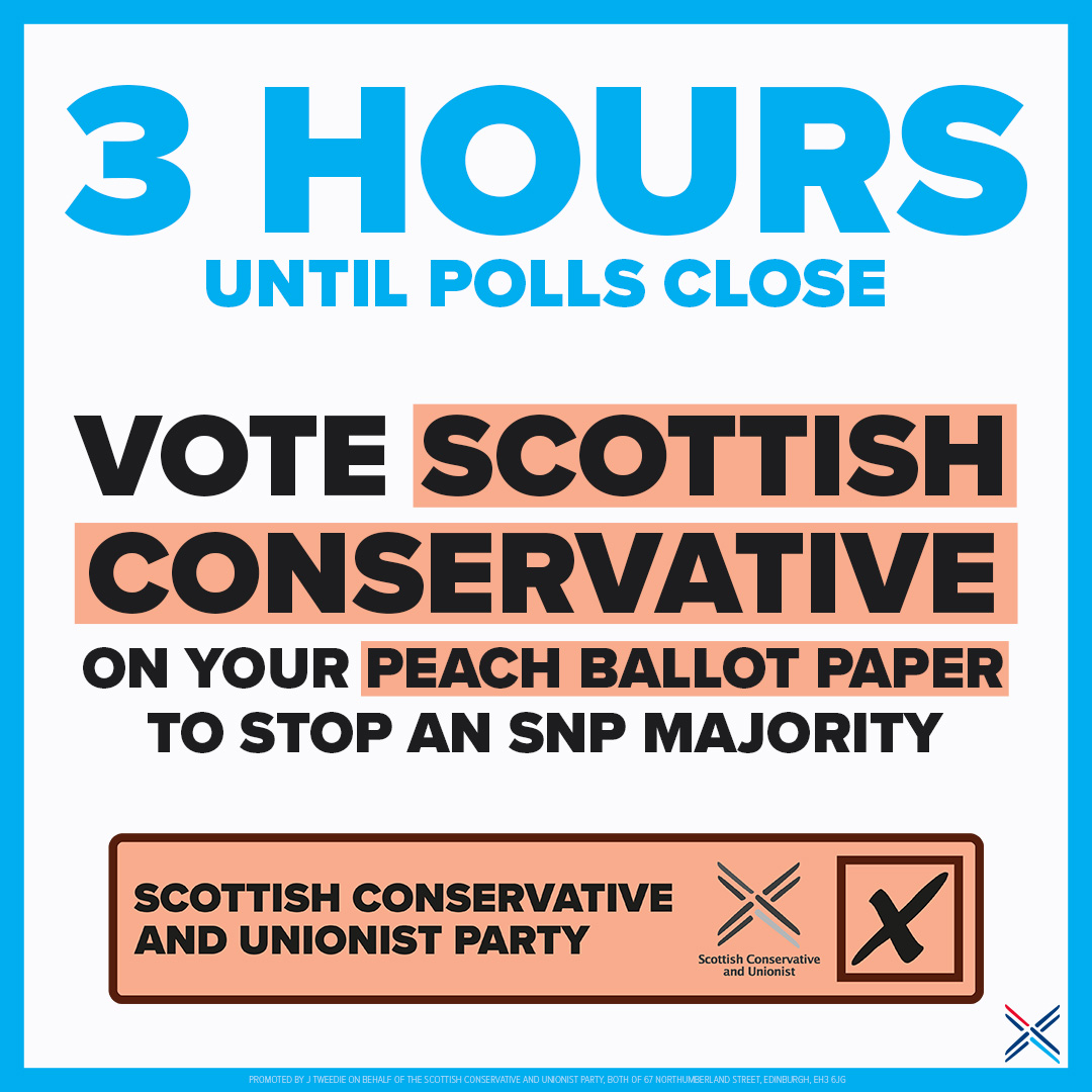 ScotTories's tweet photo. ⏳ Just THREE HOURS left until polls close.

🍑 Vote Scottish Conservative on your peach ballot paper to stop an SNP majority. https://t.co/7qkwQaNOwU
