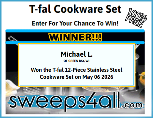 SweepsForAll's tweet photo. 👨‍🍳Michael L. of Green Bay, Wisconsin, is our lucky winner of the T-fal 12-Piece Stainless Steel Cookware Set on May 6, 2026! Congrats!🏆

🆓Enter to #win Sweeps4All totally free!
🎁Get your FREE ENTRIES Today!  
👉https://t.co/KmPKE1hLGz https://t.co/9iNFY32NTA