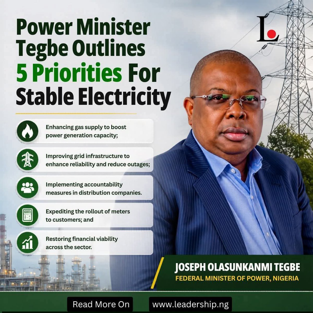 TEGBE AT THE SENATE -SETTING THE RECORD STRAIGHT
 
Our attention has been drawn to inaccurate media reports alleging that the Honourable Minister-designate, Joseph Olasunkanmi Tegbe, promised to fix Nigeria’s power grid within three months.

1/7