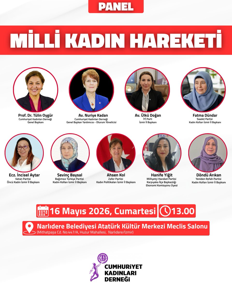 ckdgenelmerkez_'s tweet photo. 📍İZMİR

MİLLİ KADIN HAREKETİ PANELİNDE BULUŞUYORUZ! 

İzmir'de Milli Kadın Hareketi Rüzgarı esiyor. Birçok siyasi parti temsilcisi bir araya geliyor. Tüm halkımız davetlidir. 

🗓️ 16 Mayıs Cumartesi - 13.00
📌 Narlıdere Belediyesi Atatürk Kültür Merkezi Meclis Salonu https://t.co/rov3jLdkf5