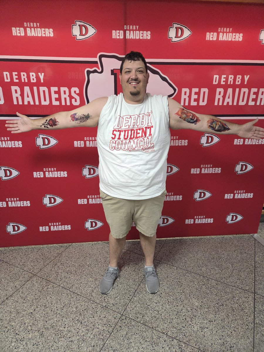 RedRaiderCT's tweet photo. A new fundraiser at DHS had the building full of "Tatted Teachers" during this Teacher Appreciation Week. A great &amp; fun way to raise yearbook funds while getting some temporary ink for some (un)lucky staff. @DerbyRedRaider https://t.co/NbGDWjZrSR