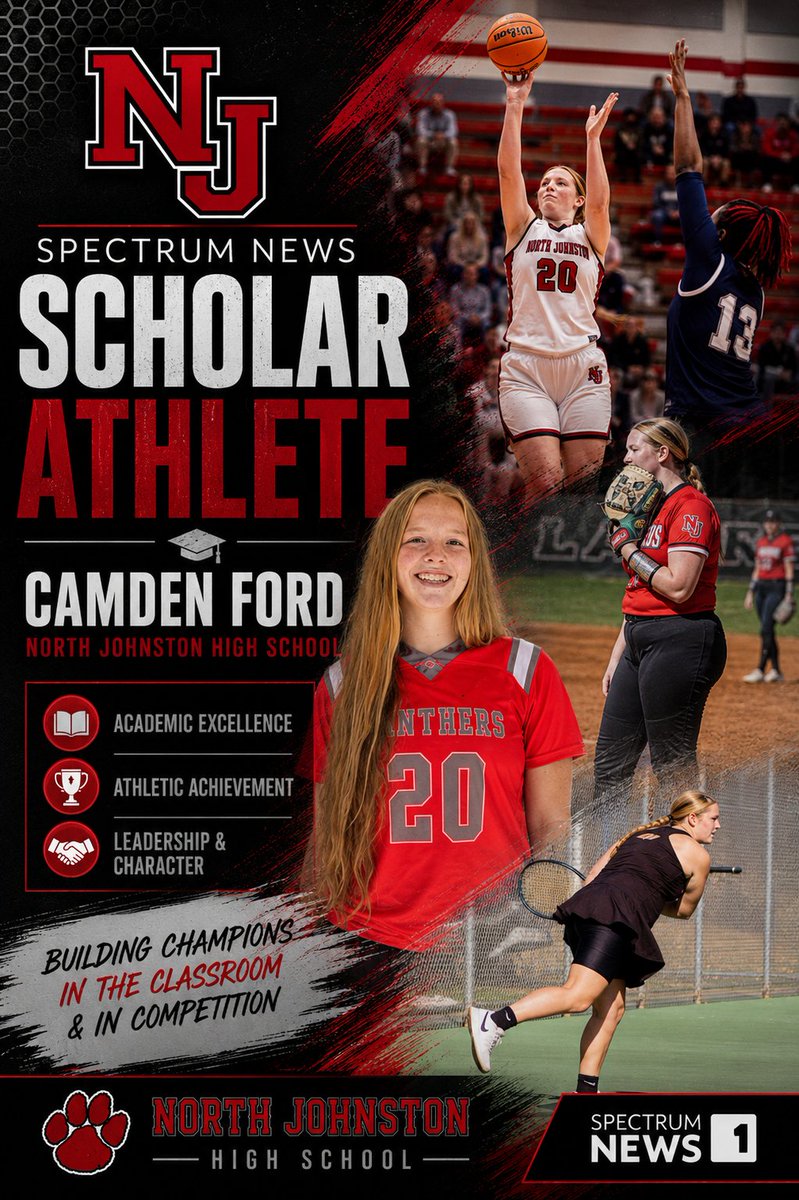 njhspanthers's tweet photo. Congratulations to North Johnston multi-sport athlete Camden Ford, a  2026 Spectrum News Scholar Athlete  recipient! Check out her interview and award presentation at the link! 🐾🥎🎾🏈🏀📚 Go Panthers! 
https://t.co/JTEt91LQcw

@SpecNews1CLT https://t.co/WeKVgbB5WF
