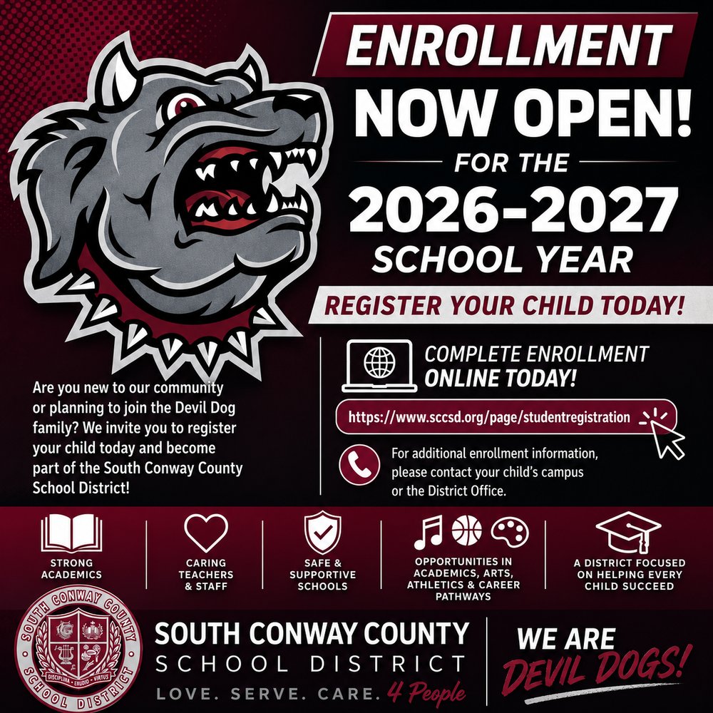 SCCSDDevilDogs's tweet photo. 📣 ENROLLMENT IS NOW OPEN for the 2026-2027 School Year at the South Conway County School District! 📣 https://t.co/7zTIbGr4v7 https://t.co/JkyFflqsg2