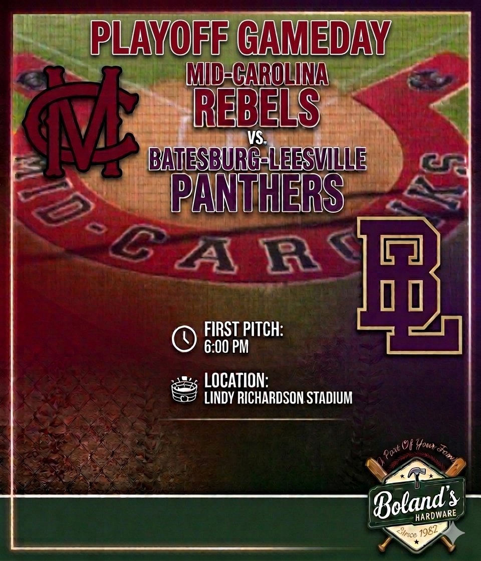 MCRebelBaseball's tweet photo. It's Playoff Gameday!  Catch the Mid-Carolina Rebels vs. the Batesburg-Leesville Panthers at Lindy Richardson Stadium. First Pitch: 6:00 PM. #EverythingMatters https://t.co/0fROGMVFvC