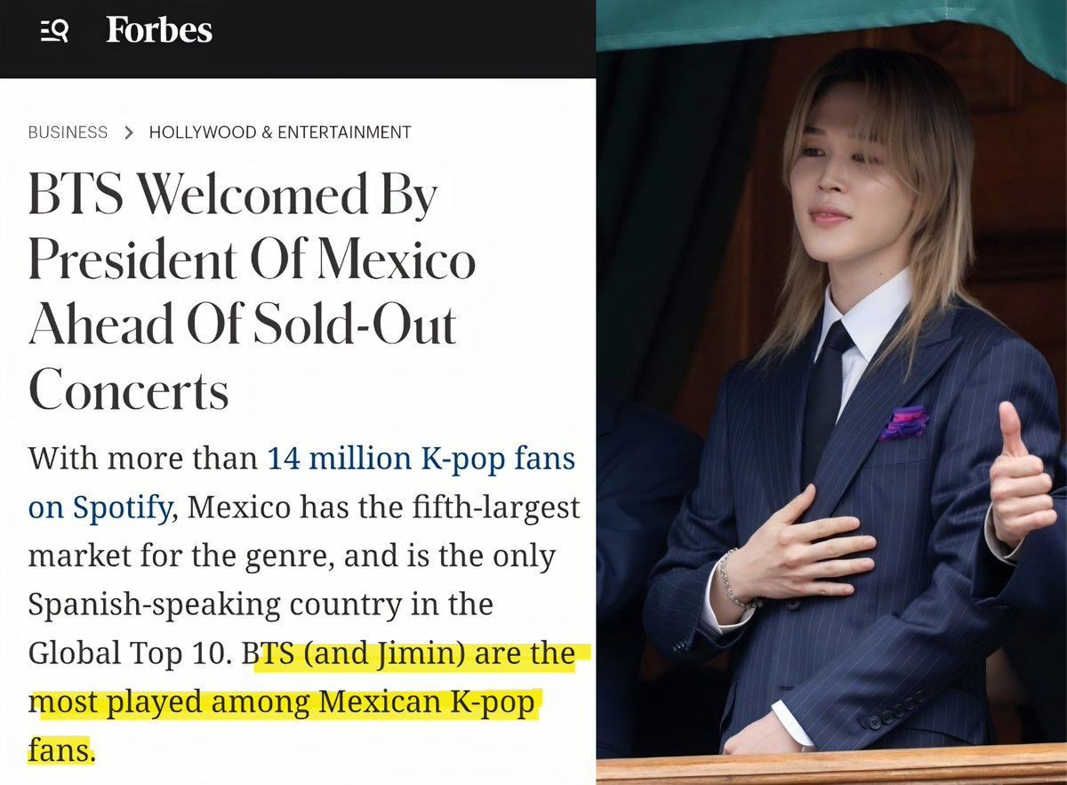 Forbes highlighted Jimin as the only BTS member mentioned individually among the most played artists by Mexican K-pop fans alongside BTS themselves, showing that both Jimin as a soloist and BTS continue to be among the most streamed acts in Mexico and once again reflecting the