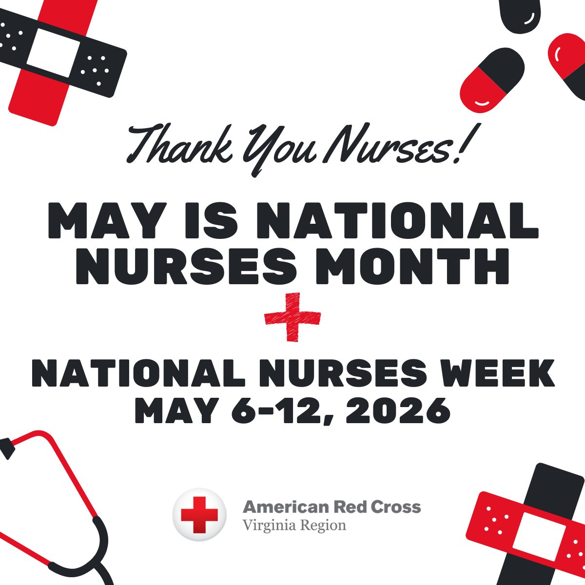VARedCross's tweet photo. ❤️ 🖤 🩺  May is National Nurses Month and this week we are celebrating National Nurses Week May 6-12, 2026. Please join us in thanking the brave nurses for the amazing work they do each and every day!  Feel free to give shoutouts in the comments! https://t.co/s2JterJAAf