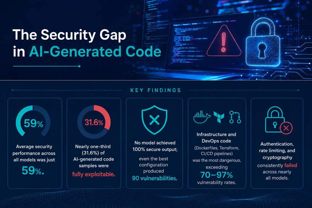 nitr0usmx's tweet photo. 🤖  The Security Gap in AI-Generated Code 🔓

Interesting results after evaluating 27 AI models and AI-powered coding tools using 730 real-world programming prompts (27 languages and 219 vuln categories).

[WHITEPAPER] https://t.co/1z5zxWOpvQ

#cybersecurity #AISecurity https://t.co/V8dXZSocmG
