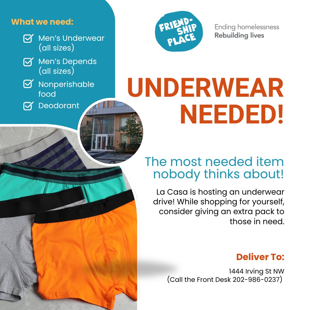 FriendshipPlace's tweet photo. Most people never think about underwear — until they don’t have it. La Casa is hosting an underwear drive! 💙 Help us provide comfort, hygiene, and dignity by donating new men’s underwear. While shopping for yourself, consider giving an extra pack to those in need. https://t.co/oC1BgQU4Tl