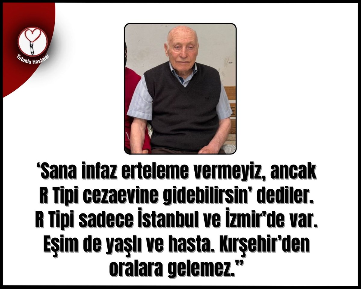 Erol Şengök(89) ,Sincan T tipi Cezaevi’nde “Türkiye cezaevlerindeki en yaşlı mahpusum.Bu şartlarda burada yaşayamam.Beni ölüme terk ettiler”
Bu yaşta birinin cezaevinde olması ne vicdana ne de yasaya uygun ❗
<a href="/myeneroglu/">Mustafa Yeneroğlu</a> 
<a href="/avidrissahin/">Av. İdris Şahin</a> 

#AİHMKararlarıUygulansın #pandemi #ODTÜ