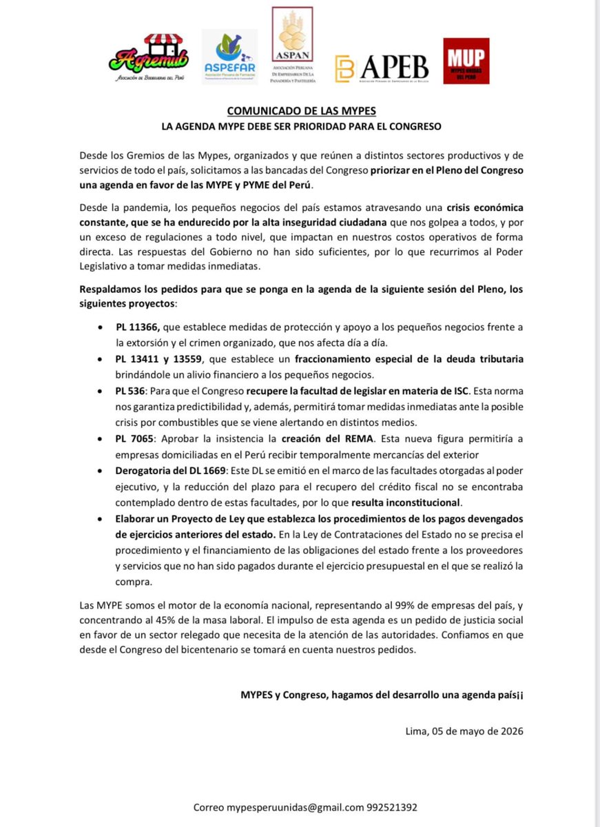 Las MYPES representan el 99% de empresas del país. Ignorarlas es ignorar al Perú entero. <a href="/salhuanacavides/">Eduardo Salhuana Cavides</a> <a href="/flaviocruzperu/">Flavio Cruz Mamani</a> #PeruConLasMypes