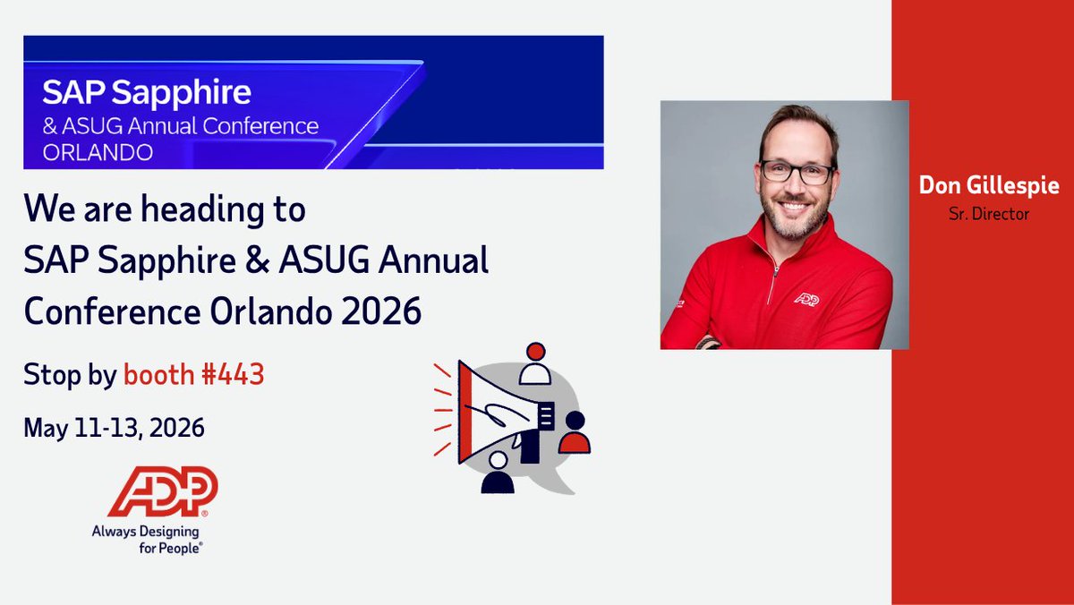 FaulkenberryADP's tweet photo. We're excited to sponsor SAP Sapphire 2026 in May! While you're there, visit us at Booth #443. Connect with our team to learn how we extend the power of SAP solutions with a single, trusted partner across workforce management, compliance services and global payroll. https://t.co/HEqqwEFozX