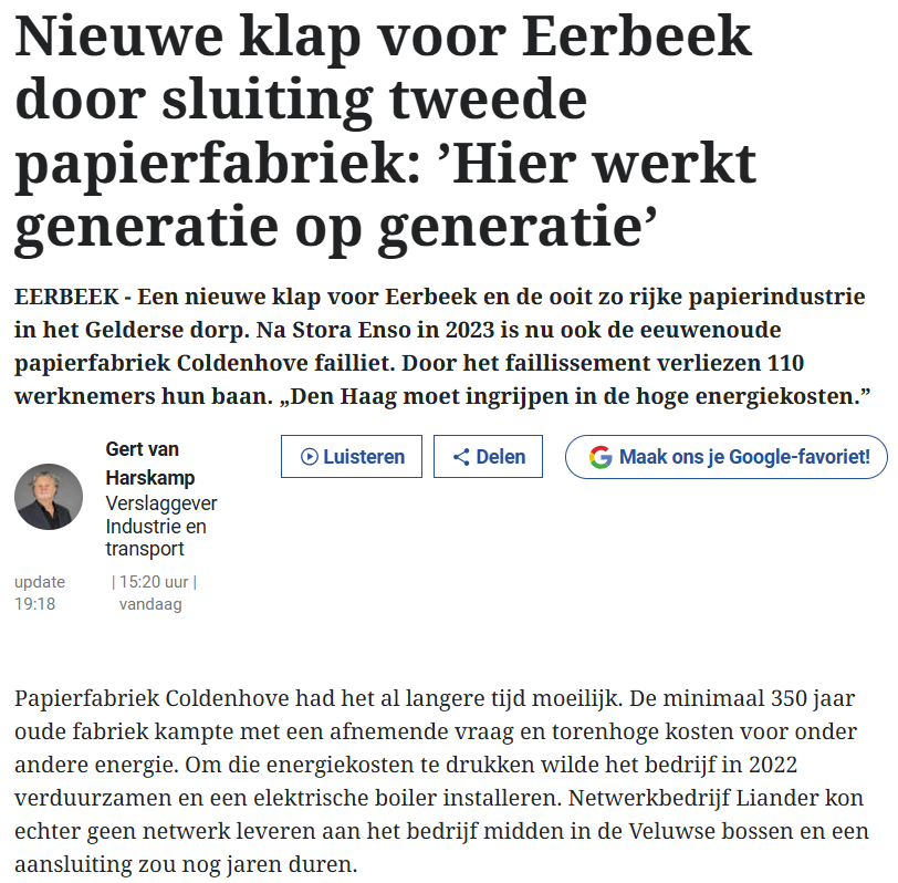 Een drama in drie bedrijven:

(1) Door torenhoge energiebelastingen en -heffingen dwingt Den Haag een fabriek te elektrificeren.  
(2) Die wil wel, maar kan dat niet want er is geen netwerkcapaciteit beschikbaar komende vele jaren.
(3) Dus gaat de fabriek failliet en verplaatst