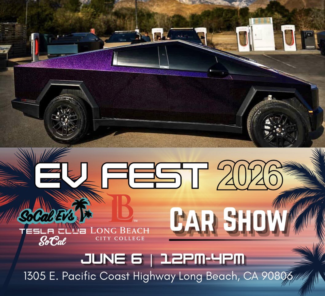 TeslaClubSoCal's tweet photo. EV FEST Car Show! 
CONFIRMED: @RaymondCis 

𝘊𝘦𝘭𝘦𝘣𝘳𝘢𝘵𝘪𝘯𝘨 8 𝘠𝘦𝘢𝘳𝘴 𝘰𝘧 𝘌𝘭𝘦𝘤𝘵𝘳𝘪𝘧𝘪𝘦𝘥 𝘌𝘝𝘦𝘯𝘵𝘴!
EV Fest Fundraiser for @LBCityCollege Auto Tech Program. 

If you own a Cybertruck, register TODAY! 
#evfest #socalevs #teslaclubsocal #fthepump https://t.co/qFYuOEUAjt