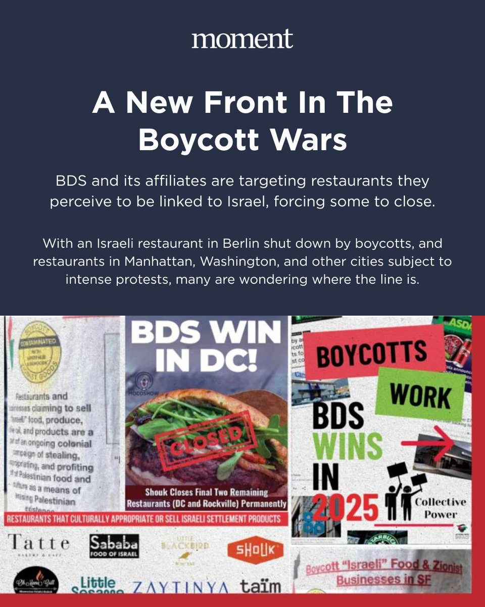 MomentMagazine's tweet photo. Recently, a Mediterranean kosher diner in Manhattan was the target of a pro-Palestinian demonstration, and an Israeli restaurant in Berlin shut down due to continuous protests. These incidents are part of a wave of protests aimed at Israeli-owned or -affiliated restaurants since October 7. Our latest Daniel Pearl Investigative Journalism Initiative story covers this phenomenon. https://t.co/HjIcNjV7GB