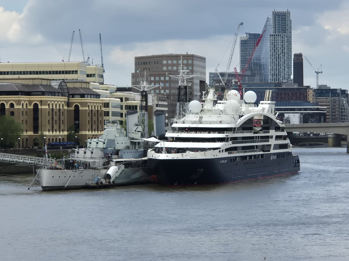 GeraldM64883070's tweet photo. A return visit from the stylish Ponant Explorer class, Le Bellot. She'll be heading up to Glasgow tonight for an 11 day cruise to the Faroe Islands and Iceland #LeBellot #Ponantcruises #luxurycruiseships #shipsinpics #HMSBelfast #riverthames #pooloflondon https://t.co/OSYUPyz31o
