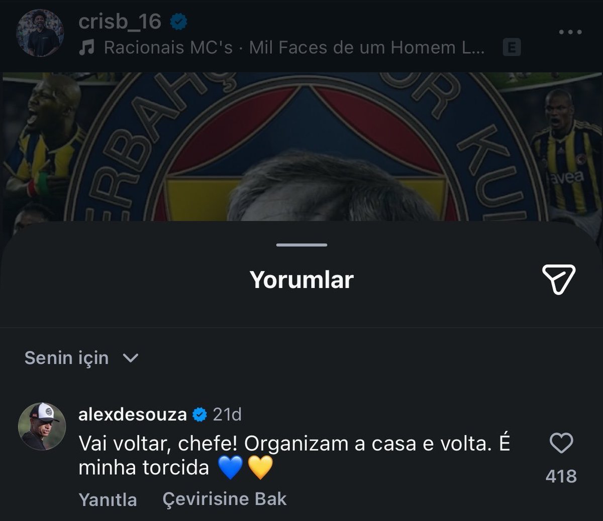 sporx's tweet photo. 🟡🔵 Fenerbahçe'nin efsane futbolcusu Alex de Souza, Cristian Baroni'nin Aziz Yıldırım için yaptığı paylaşıma yorum yaparak Yıldırım'a destek verdi.

"Geri gel patron! Benim desteğim tamamen seninle." https://t.co/M1BtYNcyFV