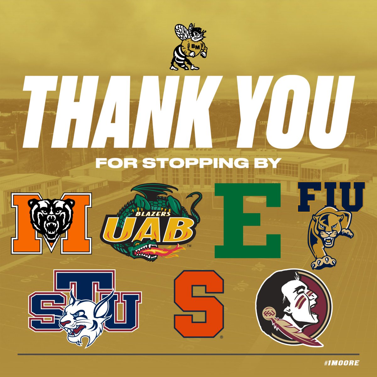 HornetFB_1MOORE's tweet photo. Another great day at BMC! Thank you to all the programs that stopped by practice to check our guys out! 

#1MOORE https://t.co/3zizgvAj3L