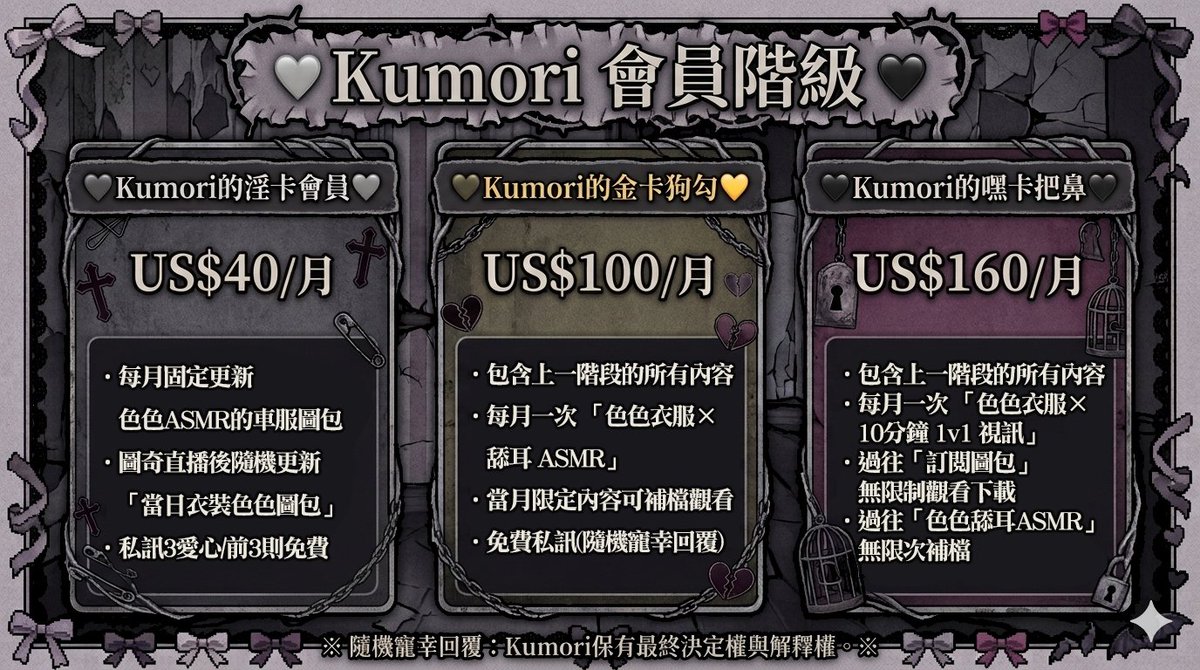 Kumori入住Likey啦~~ (๑˃ᴗ˂)ﻭ 
酒曇可以來追蹤 Kumori☁️看更多X沒有的照片
想要更多Kumori就訂閱支持Kumori ദ്ദി  (｡•̀ᴗ-)✧ 

訂閱會員：
淫卡會員🩶：
每月更新大尺圖包「小丁三點全不漏 |˶˙ᵕ˙ )ﾉﾞ 」

金卡狗勾💛：
每月「色色衣服 × 舔耳 ASMR」

嘿卡把鼻🖤：
• 每月一次 「色色衣服 × 10分鐘 1v1 視訊」
• 過往 「訂閱圖包」 無限制觀看下載
• 過往 「色色舔耳 ASMR」 無限次補檔

(高階方案會包含低階方案內容！)

https://t.co/CcEx91ubhh